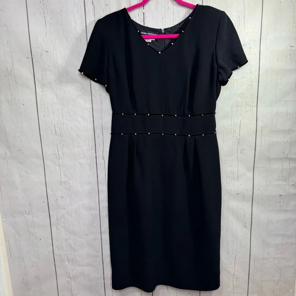 Donna Morgan Black Sheath Dress Rhinestone Trim V Neck Elegant Classic Size 14